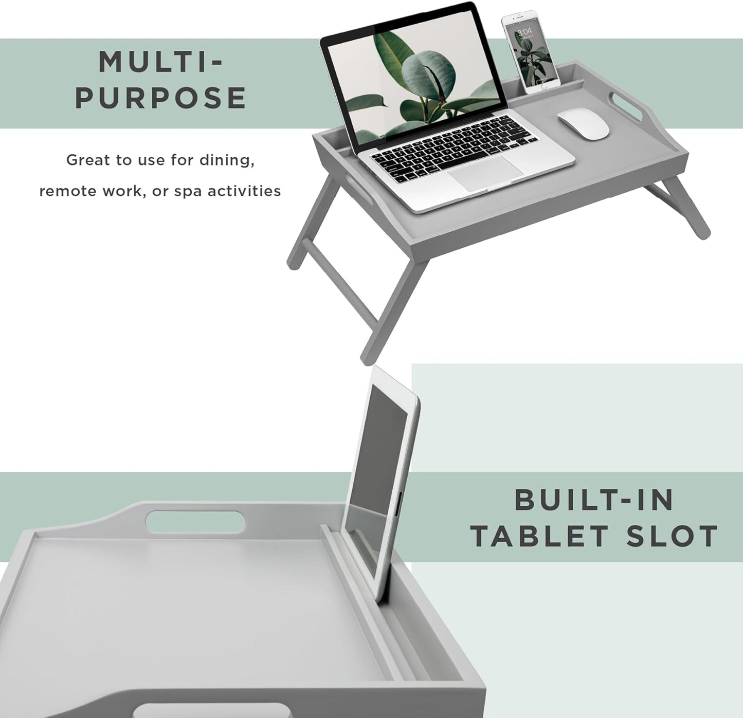 Wood Bed Tray, Lap Desk with Phone Holder - Fits up to 17.3 Inch Laptops and Most Tablets - Calming Gray - Style No. 78105