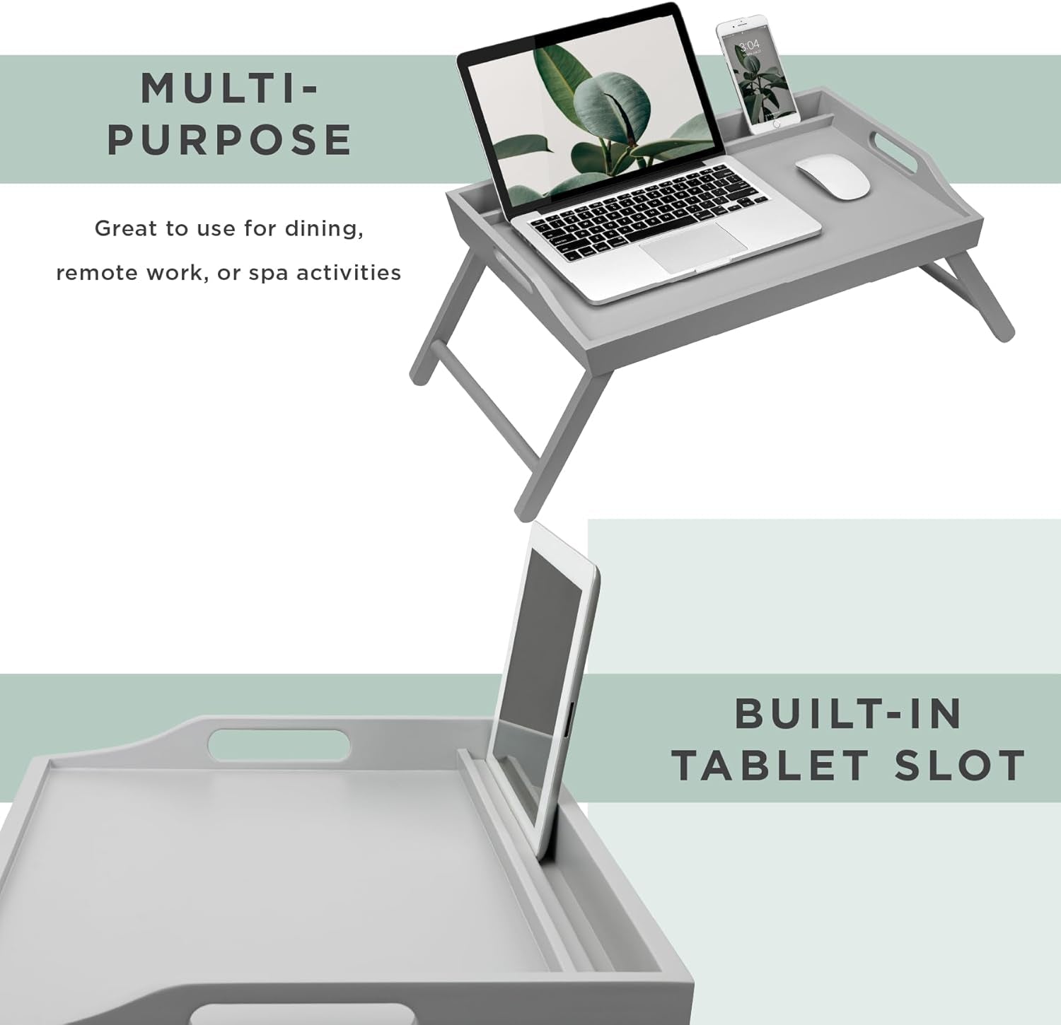 Wood Bed Tray, Lap Desk with Phone Holder - Fits up to 17.3 Inch Laptops and Most Tablets - Calming Gray - Style No. 78105